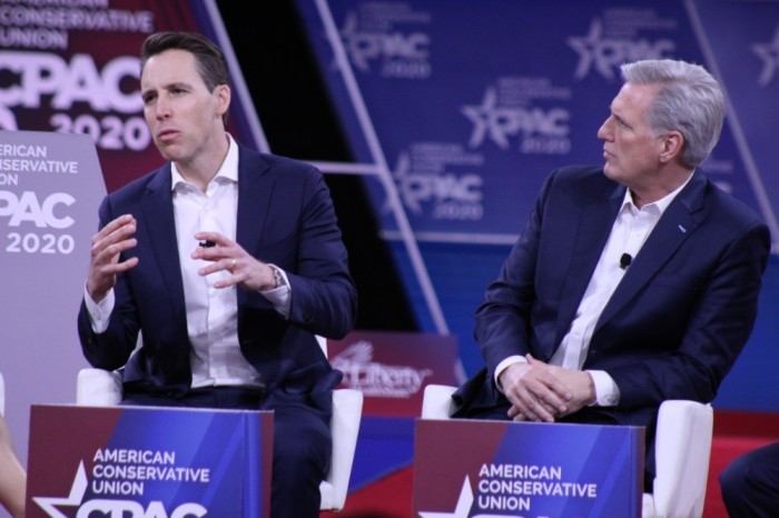 Missouri Republican Sen. Josh Hawley (L) speaks at the 2020 Conservative Political Action Conference in Oxon Hill, Maryland, on Feb. 28, 2020. To his left is House Minority Leader Kevin McCarthy, R-Calif.