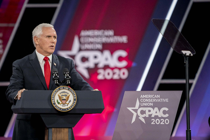 Vice President Mike Pence delivers remarks to the Conservative Political Action Conference Thursday, Feb. 27, 2020, at the Gaylord National Resort and Convention Center in National Harbor, Maryland. 