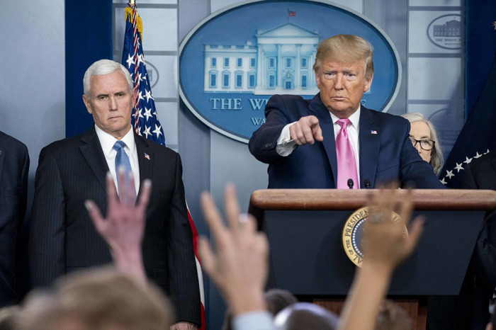 President Donald J. Trump, joined by Vice President Mike Pence and members of the Coronavirus Task Force, speaks to members of the press Wednesday, Feb. 26, 2020, in the James S. Brady Press Briefing Room of the White House. 