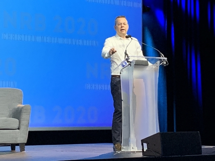 American pastor Andrew Brunson speaks at the National Religious Broadcasters Christian Media Convention held in Nashville, Tennessee, on Feb. 25, 2020.