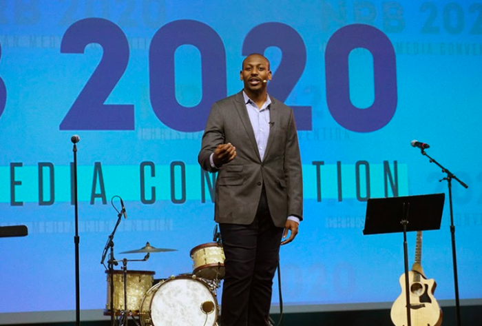 Jonathan Evans, son of Tony Evans and the late Lois Evans, speaks at the NRB 2020 Christian Media Convention in Nashville, Tennessee on February 25, 2020.