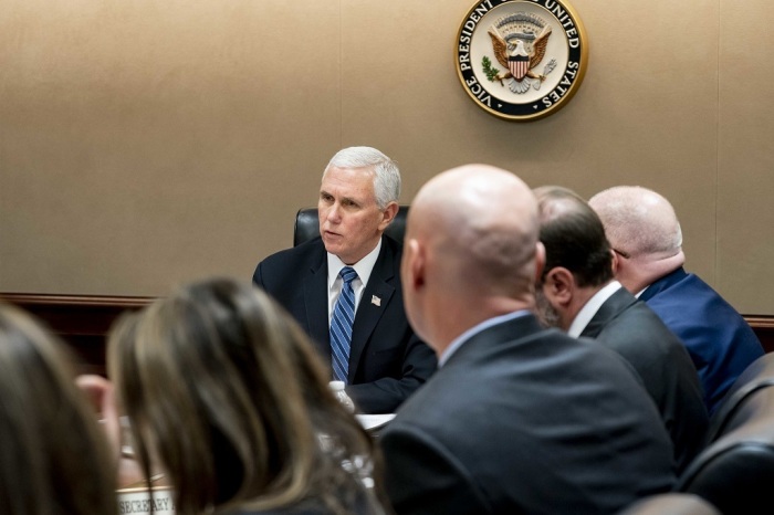 Vice President Mike Pence participates in a video teleconference call with Governors and the White House Coronavirus Task Force Monday, March 2, 2020, in the White House Situation Room. 