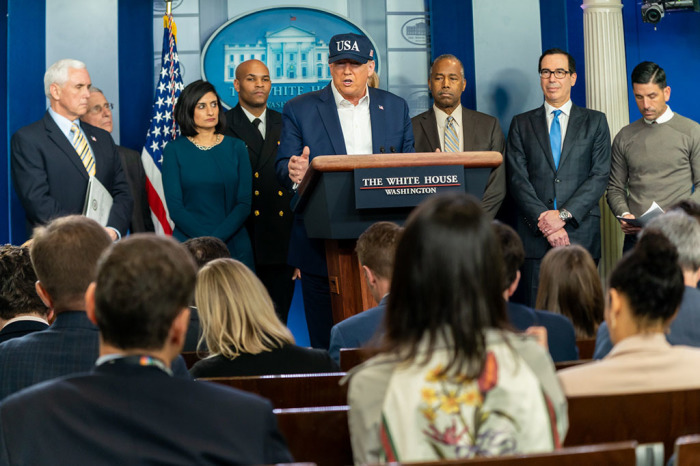 President Donald J. Trump, joined by Vice President Mike Pence and members of the White House Coronavirus Task Force, takes questions from the press at a coronavirus update briefing Saturday, March 14, 2020, in the James S. Brady Press Briefing Room of the White House.