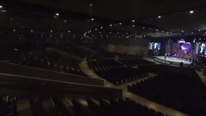 Jentezen Franklin, senior pastor of the multi-campus Free Chapel Church in Gainesville, Ga., preaches to his online audience in an empty auditorium on March 15, 2020.