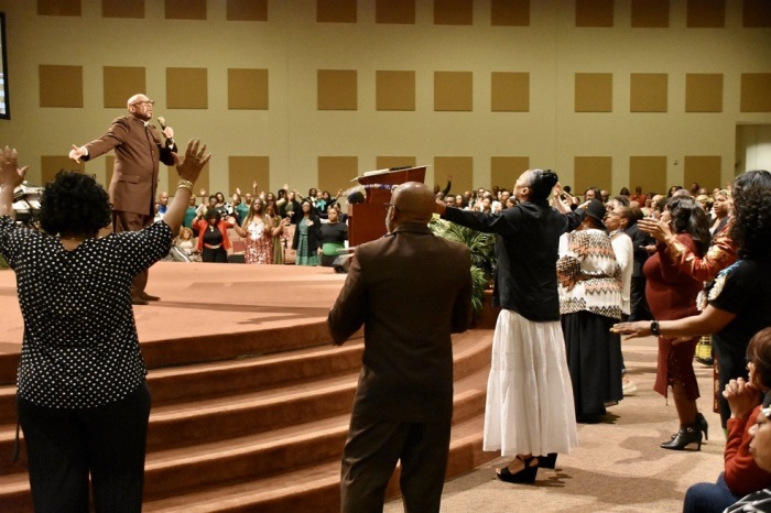 Bishop Paul S. Morton at his worships with his congregation at Changing A Generation Full Gospel Baptist Church in Atlanta, Ga., on Sunday March 15, 2020. 