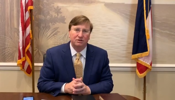 Mississippi Gov. Tate Reeves speaks to constituents during a Facebook Live video recorded on March 22, 2020 from Jackson, Mississippi. 