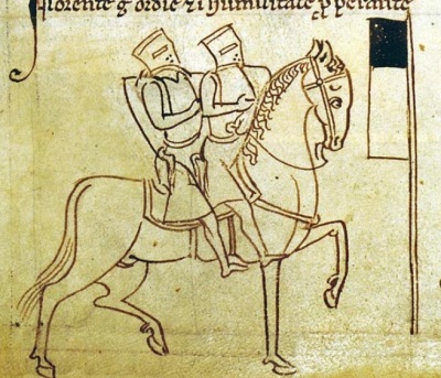 A thirteenth century drawing of two members of the Knights Templar on horseback. This was a common image associated with the order, symbolizing poverty. 