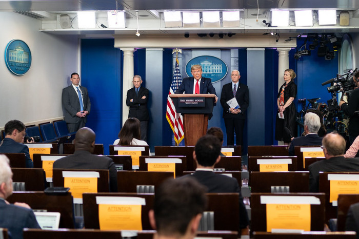 President Donald J. Trump, joined by Vice President Mike Pence and members of the White House Coronavirus Task Force, delivers his remarks at a coronavirus (COVID-19) update briefing Thursday, March 26, 2020, in the James S. Brady Press Briefing Room of the White House.