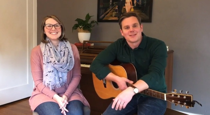 Dan (R) and Ali (L) perform worship music from their home in Seattle, Washington during a World Vision Ignite online chapel service on March 23, 2020. 