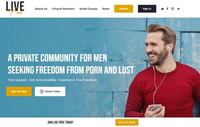 The home page of the anti-pornography ministry Live Free Community, as seen in a screenshot taken March 30, 2020. 