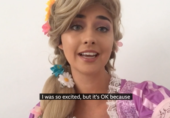 Charlotte Bredael records a video as Rapunzel.