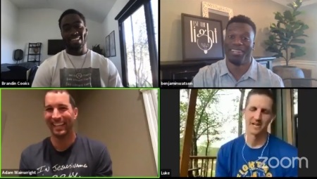 Professional athletes Brandin Cooks (upper-left), Benjamin Watson (upper-right), Adam Wainwright (lower-left) and Luke McCown (lower-right) participate in a "Huddle Up!" Zoom discussion hosted by the Fellowship of Christian Athletes and Pro Athletes Outreach on March 27, 2020.