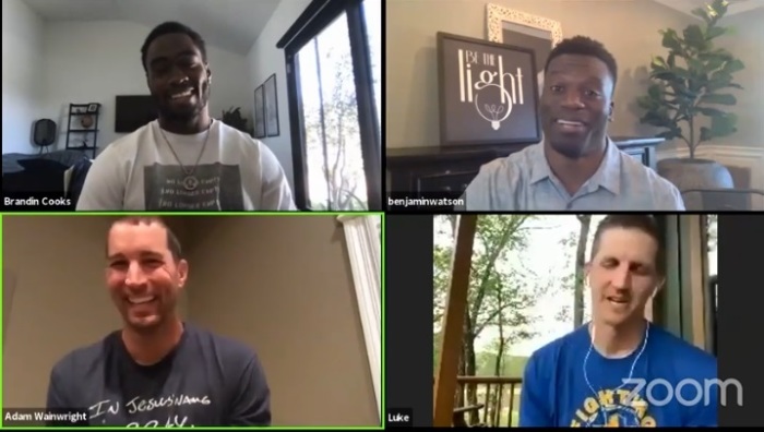 Professional athletes Brandin Cooks (upper-left), Benjamin Watson (upper-right), Adam Wainwright (lower-left) and Luke McCown (lower-right) participate in a 'Huddle Up!' Zoom discussion hosted by the Fellowship of Christian Athletes and Pro Athletes Outreach on March 27, 2020. 