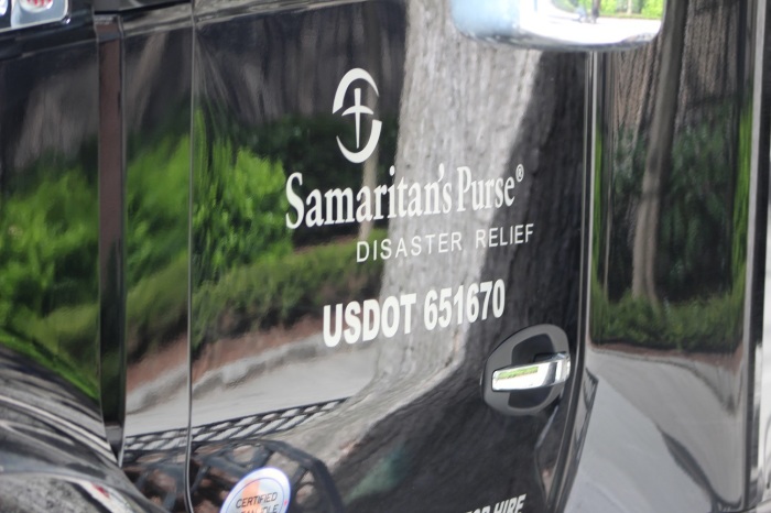The door of a Samaritan's Purse Truck parked along 5 Avenue in New York City.