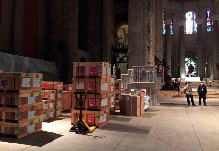 Boxes filled with tents are seen inside of the Cathedral of St. John the Divine on April 7, 2020, in New York, which will be turned into a field hospital. 
