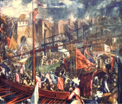 Soldiers of the Fourth Crusade lay siege to Constantinople, 1203-1204. 