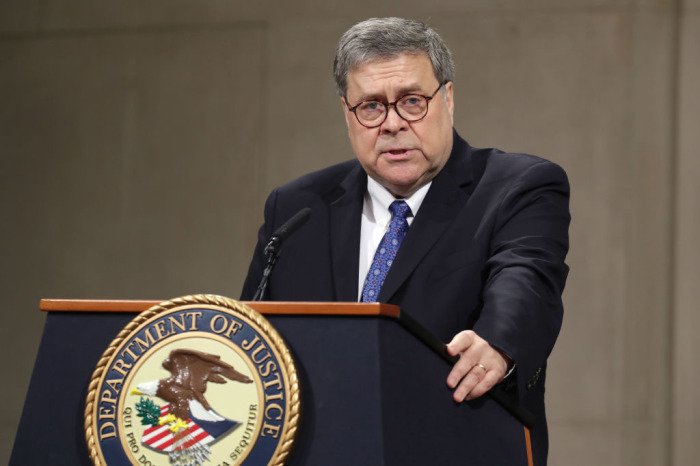 U.S. Attorney General William Barr delivers remarks during a farewell ceremony for Deputy Attorney General Rod Rosenstein at the Robert F. Kennedy Main Justice Building May 09, 2019, in Washington, D.C. 