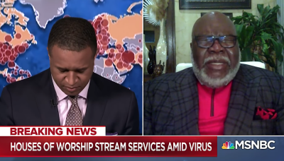 MSNBC host Craig Melvin (L) bows his head after asking Bishop T.D. Jakes (R) to pray on air, March 30, 2020.