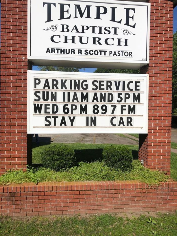 The sign at Temple Baptist Church in Greenville, Miss.