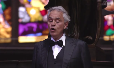 Andrea Bocelli sings during the “Music for Hope” concert at the Duomo cathedral in Milan, Italy, April 12, 2020.