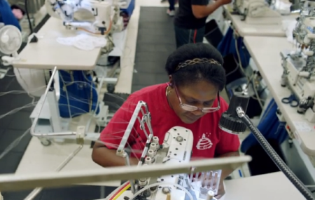 A worker at a Beehive Clothing facility operated by the Church of Jesus Christ of Latter-day Saints.