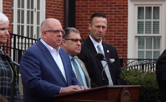 Maryland Governor Larry Hogan speaks at a press conference in March 2020. 