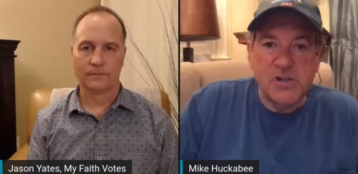 Jason Yates of My Faith Votes interviews former Arkansas Governor Mike Huckabee as part of an online town hall held Tuesday, April 21, 2020. 