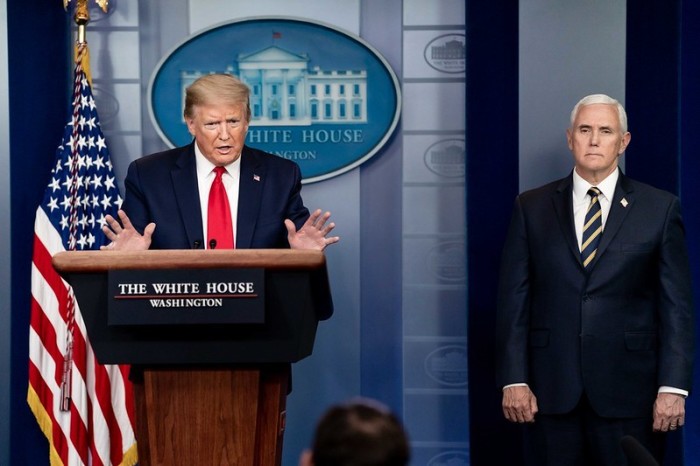President Donald J. Trump, joined by Vice President Mike Pence, addresses his remarks at a coronavirus update briefing Wednesday, April 22, 2020, in the James S. Brady White House Press Briefing Room of the White House. 