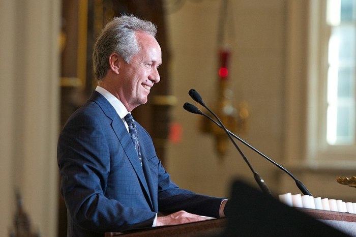 Louisville, Kentucky Mayor Greg Fischer speaks at at an interfaith celebration at the Roman Catholic Cathedral of the Assumption in downtown Louisville, KY on April 19, 2017. 