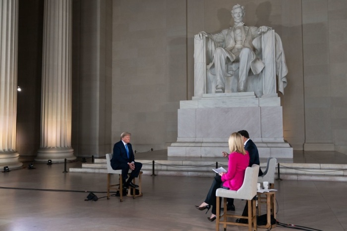 President Donald Trump speaks with Bret Baier and Martha MacCallum of Fox News as part of a virtual town hall held at the Lincoln Memorial in Washington, D.C. on Sunday, May 3, 2020. 