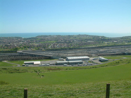 The English-side Channel Tunnel terminal at Cheriton near Folkestone in Kent, from the Pilgrims' Way on the escarpment on the southern edge of Cheriton Hill, part of the North Downs, May 4, 2003.