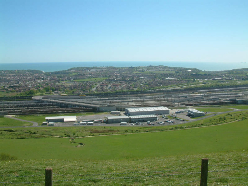 The English-side Channel Tunnel terminal at Cheriton near Folkestone in Kent, from the Pilgrims' Way on the escarpment on the southern edge of Cheriton Hill, part of the North Downs, May 4, 2003.