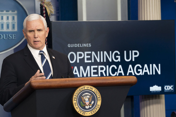 Vice President Mike Pence participates in a coronavirus update briefing Thursday, April 16, 2020, in the James S. Brady Press Briefing Room of the White House.