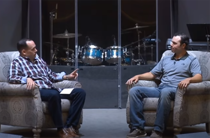 Blake Bivens speaks with Pastor Travis Gore from the River Church in Danville, Virginia, on May 3, 2020. 