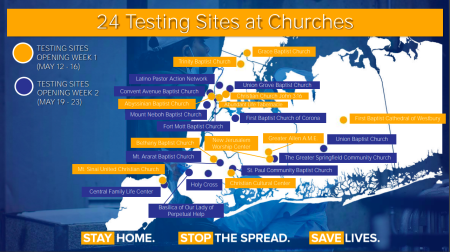 A graphic shared during New York Gov. Andrew Cuomo's May 9, 2020 press conference highlights churches that will serve as temporary coronavirus testing sites under a partnership with Northwell Health.