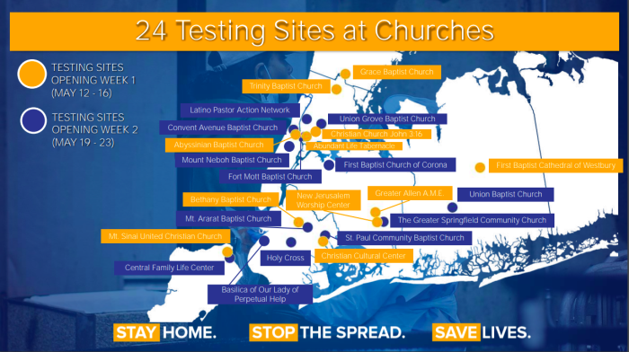 A graphic shared during New York Gov. Andrew Cuomo's May 9, 2020 press conference highlights churches that will serve as temporary coronavirus testing sites under a partnership with Northwell Health. 