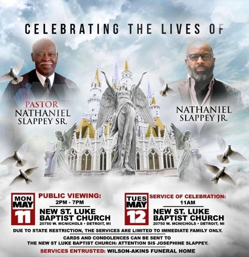 A flyer announcing the recent funeral of the late Rev. Nathaniel Slappey Sr. and his son, Nathaniel Slappey Jr.