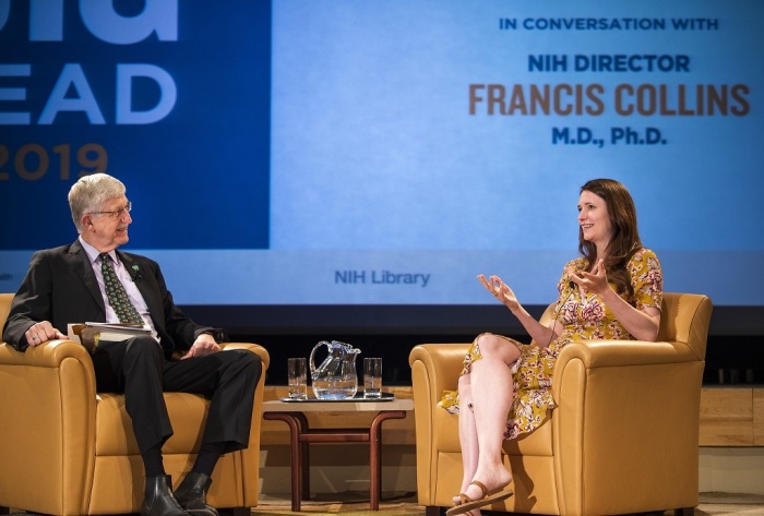 U.S. National Institutes of Health Director Dr. Francis Collins interviews science journalist and author Helen Thomson about the brain on June 7, 2019, during NIH’s 3rd annual Big Read, a culminating event following book club discussions around NIH. 