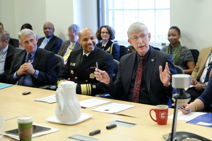 From L-R, NIAID Director Dr. Anthony Fauci, U.S. Surgeon General Dr. Jerome Adams, and NIH Director Dr. Francis Collins. 