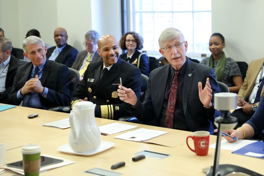 From L-R, NIAID Director Dr. Anthony Fauci, U.S. Surgeon General Dr. Jerome Adams, and NIH Director Dr. Francis Collins.