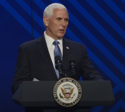 Vice President Mike Pence speaks at a memorial service for Ravi Zacharias at Passion City Church in Atlanta, Georgia, on May 29, 2020. 