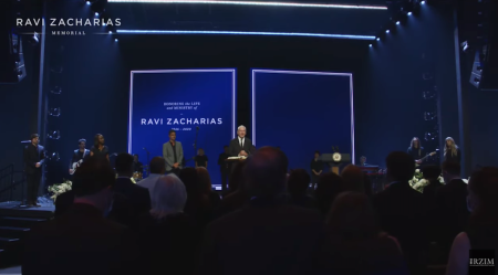 Pastor Louie Giglio speaks at a memorial service held for Ravi Zacharias at Passion City Church in Atlanta, Georgia, on May 29, 2020.