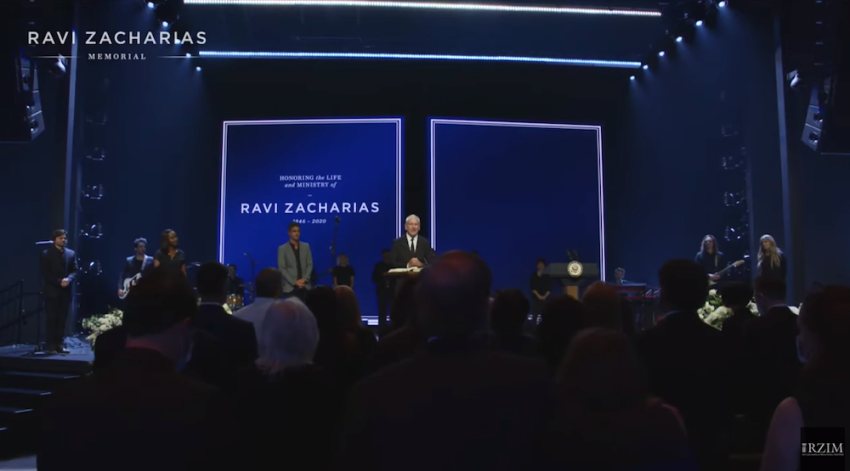 Pastor Louie Giglio speaks at a memorial service held for Ravi Zacharias at Passion City Church in Atlanta, Georgia, on May 29, 2020.