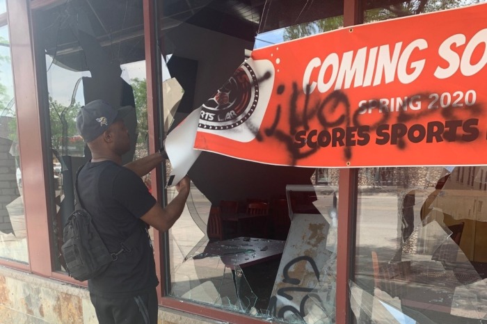 Scores Sports Bar in Minneapolis, Minnesota, was vandalized, looted and destroyed during riots over the death of George Floyd, May 2020.