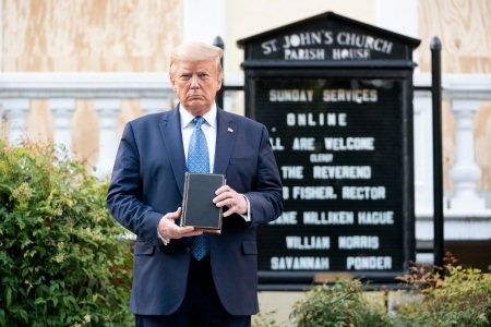 President Donald Trump holds a Bible while visiting St. John's Church across from the White House in Washington, D.C., after the area was cleared of people protesting the death of George Floyd on June 1, 2020.