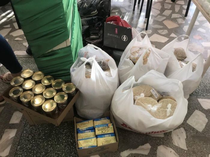 Essential food items sit ready to be given to families in need in the former Soviet Union.