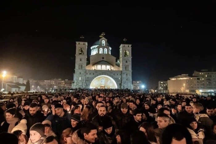 Hundreds of protests were held by Christians nationwide between January and March 2020 across Montenegro after the law passed requiring Christian, Jewish and Muslim groups – and their assets – to have state registration. Here, thousands gather before the Cathedral of the Resurrection of Christ, Podgorica, early March 2020.