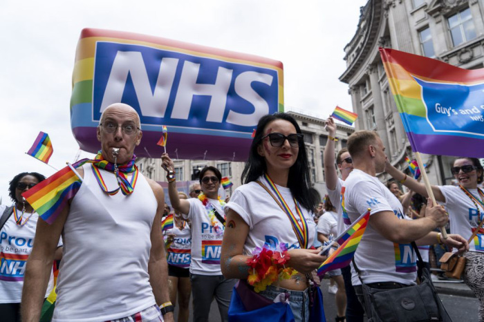 NHS workers take part in the annual pride parade in London, England, on July 6, 2019. 