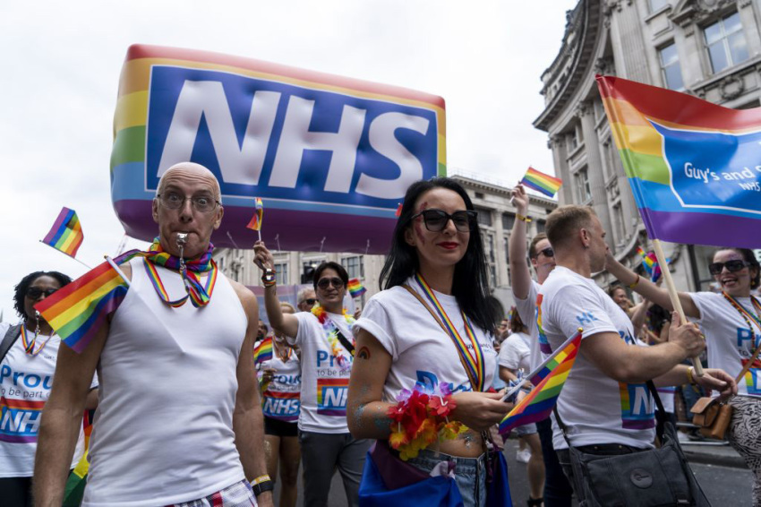 NHS workers take part in the annual pride parade in London, England, on July 6, 2019.