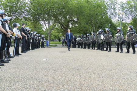 President Donald J. Trump walks from the White House Monday evening, June 1, 2020, to St. John’s Episcopal Church, known as the church of presidents, that was damaged by fire during demonstrations in nearby LaFayette Square Sunday evening.